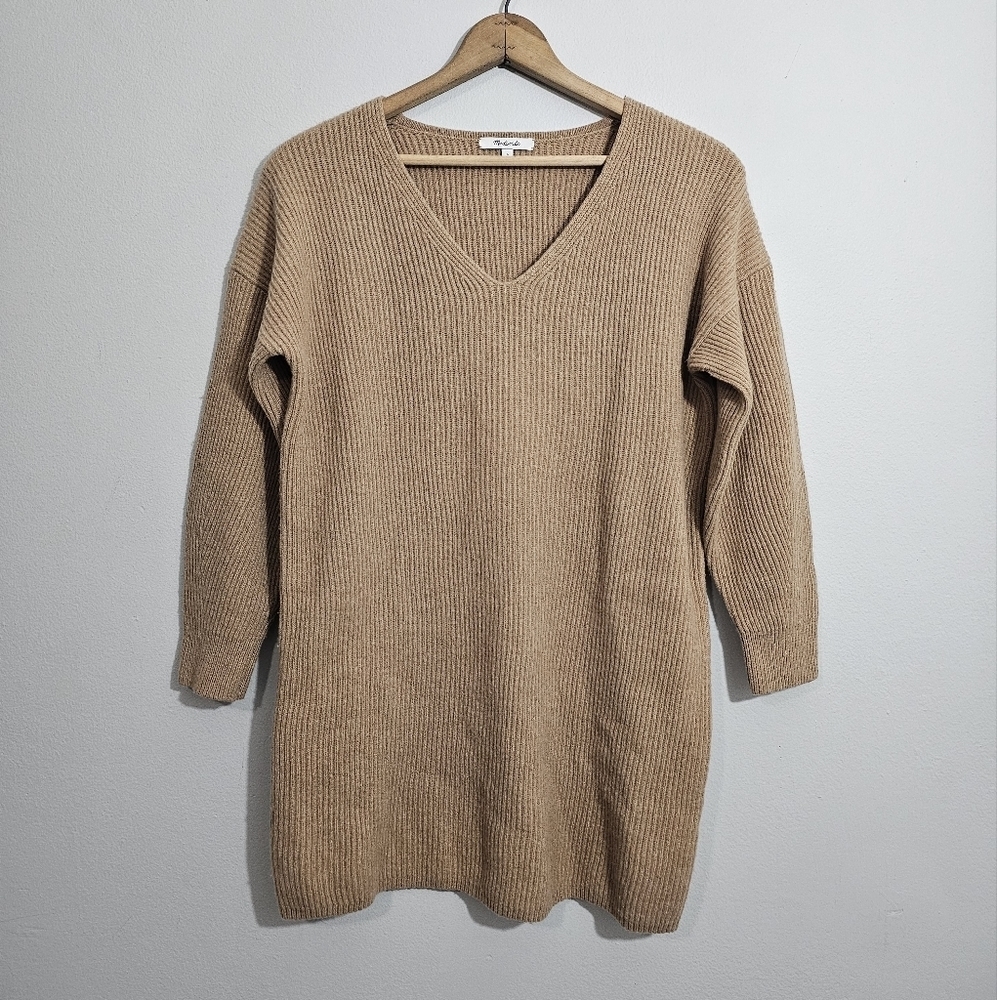 Madewell Solid Tan Ribbed Wool Blend Tunic Sweater